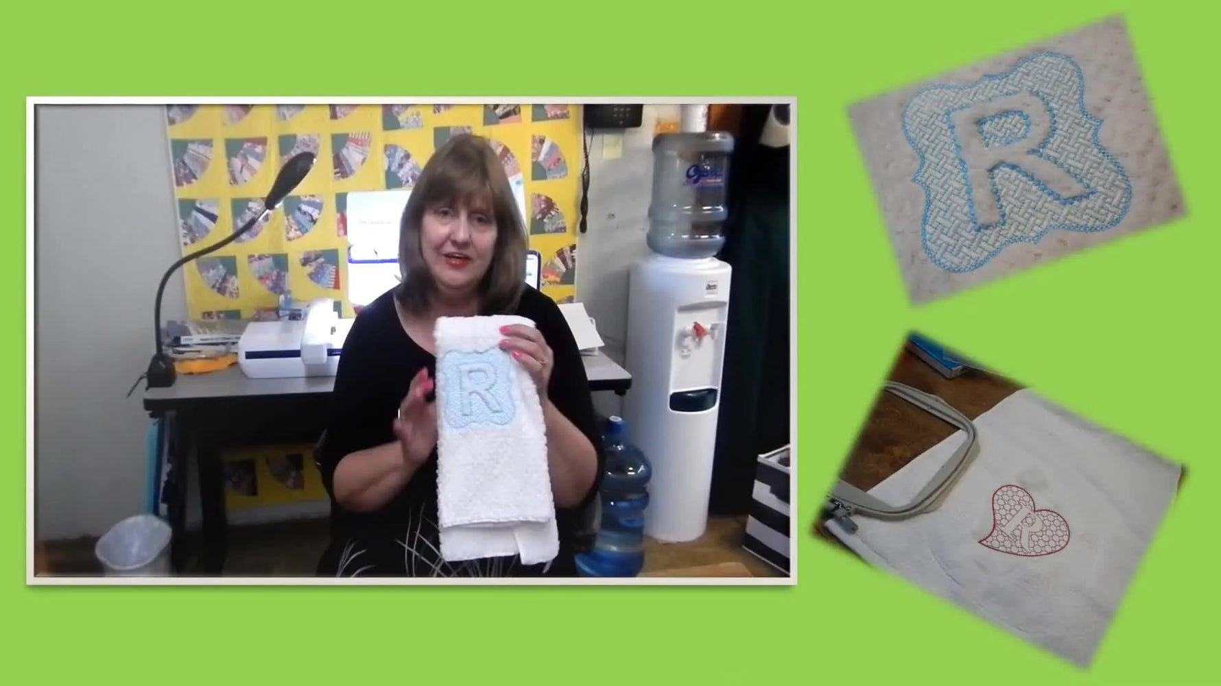 The host holds up a finished plush towel with an embossed monogram effect created by stippling around the letter.