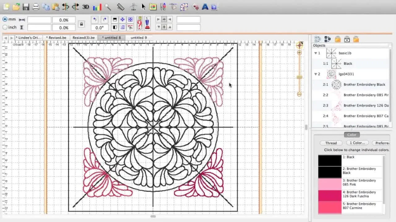 A corner feather element is selected in Embrilliance Essentials, ready to be nudged outward to fit a larger quilt-block layout.