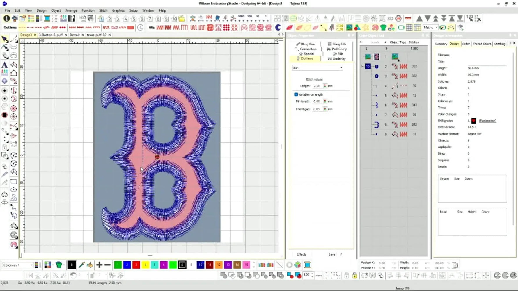 Side-by-side view of the Wilcom digitized Red Sox “B” and the stitched-out 3D puff result on a white cap.