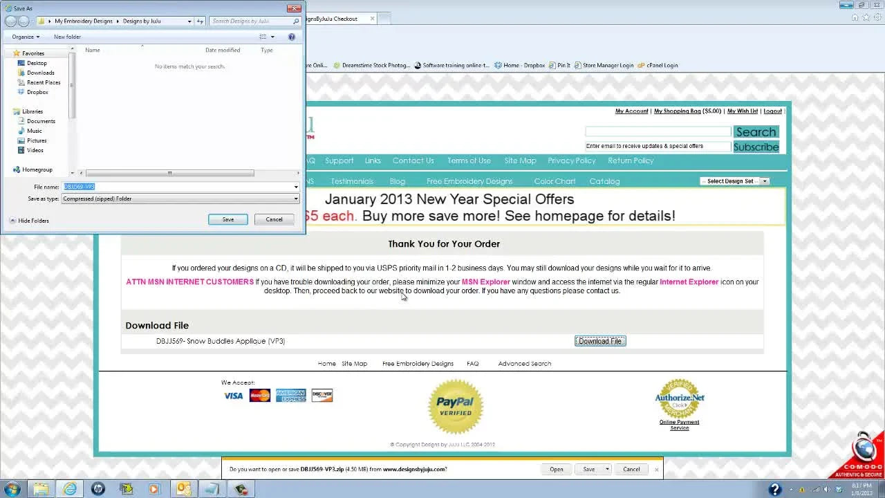 Save As dialog box for embroidery download