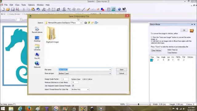The SewArt “Save Embroidery File” dialog is open, showing machine-format options and the Design Scale Factor field.