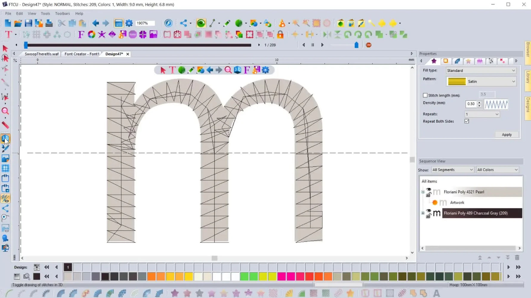 A 3D preview of the finished lowercase “m” showing smooth satin coverage and a clean left-to-right stitch path.
