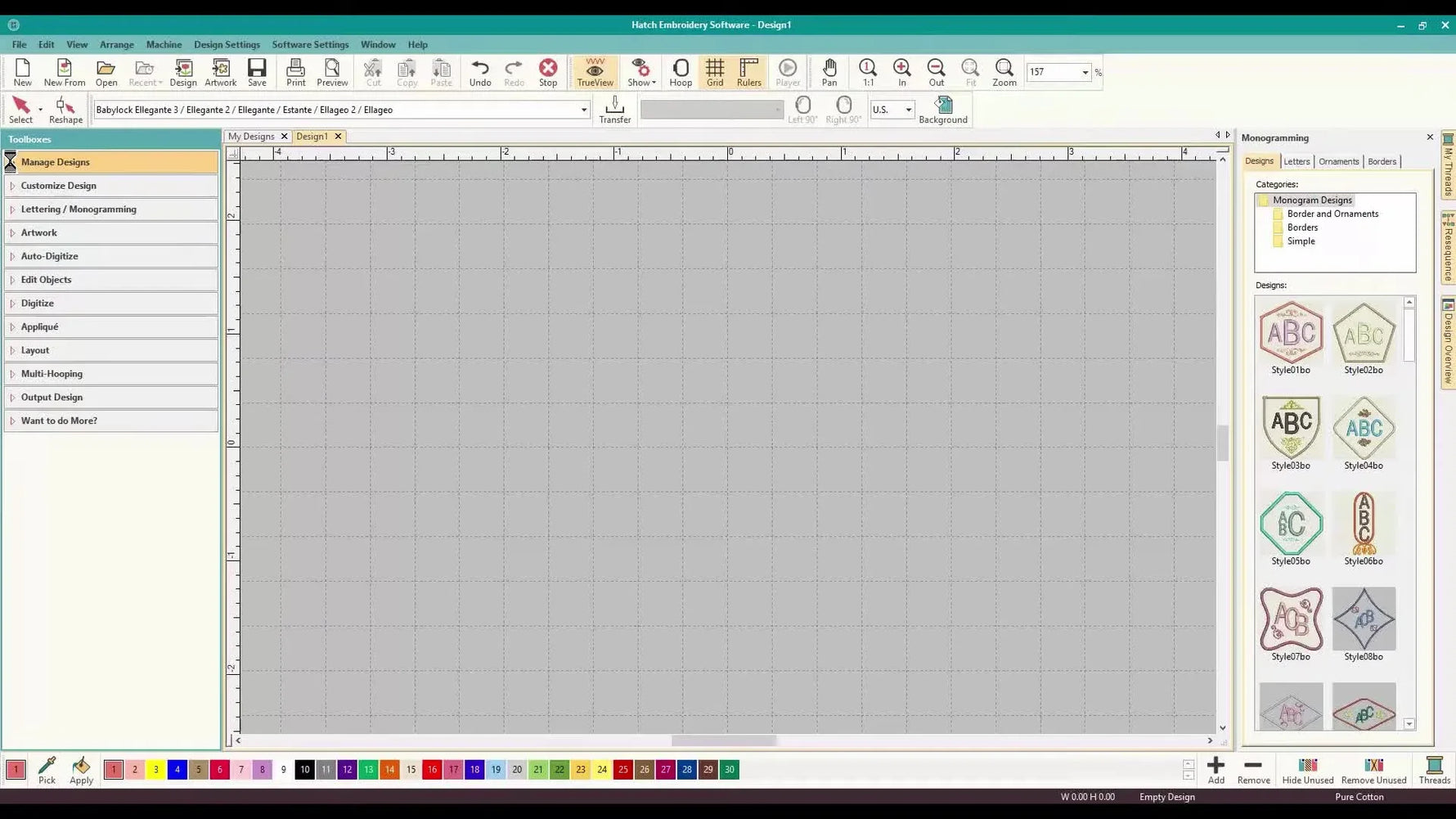 Wilcom Hatch’s Manage Designs library view showing a grid of colorful embroidery thumbnails and a folder tree for fast browsing.