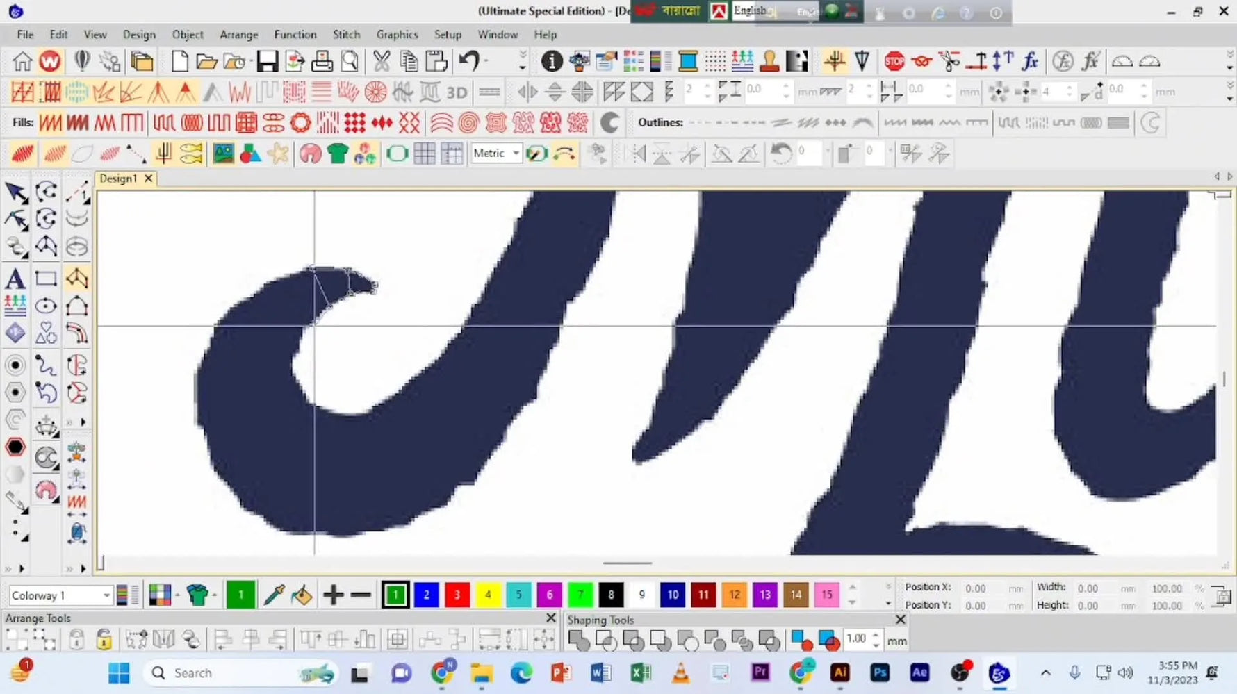 Close-up screen capture of Wilcom showing yellow Column A nodes being placed on the letter “M” during manual digitizing.