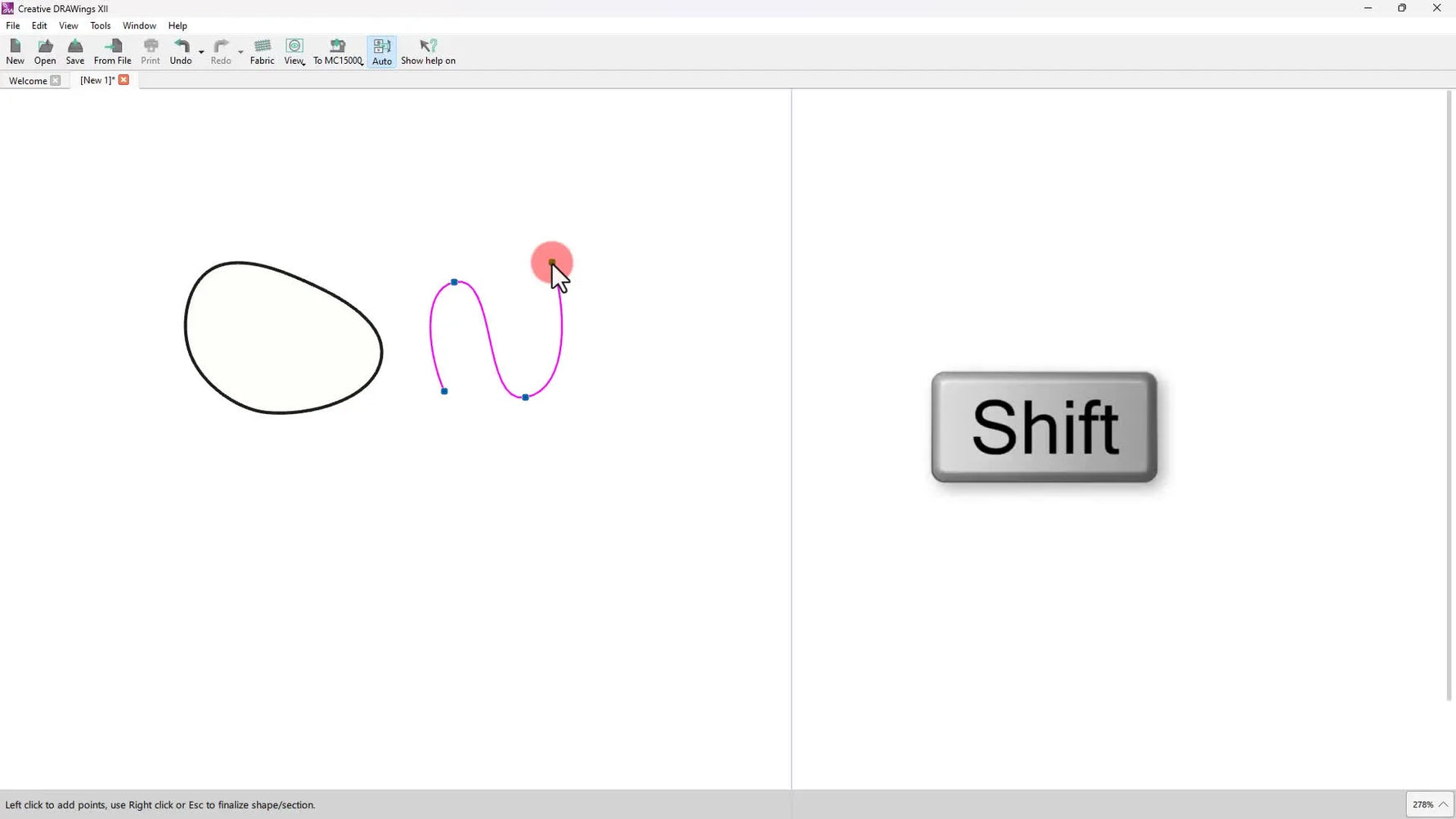 A screen capture comparing round curve nodes and square corner nodes in Creative DRAWings while drawing an outline shape.
