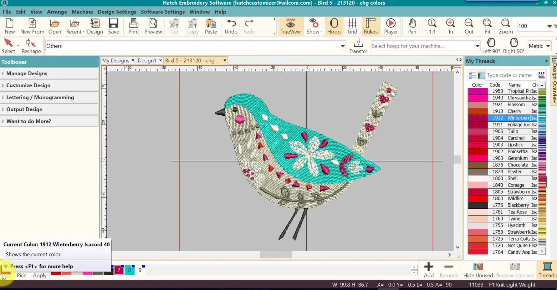 A Hatch workspace screen capture where the bird design updates instantly after the active red thread is replaced with Isacord 1912 Winterberry.