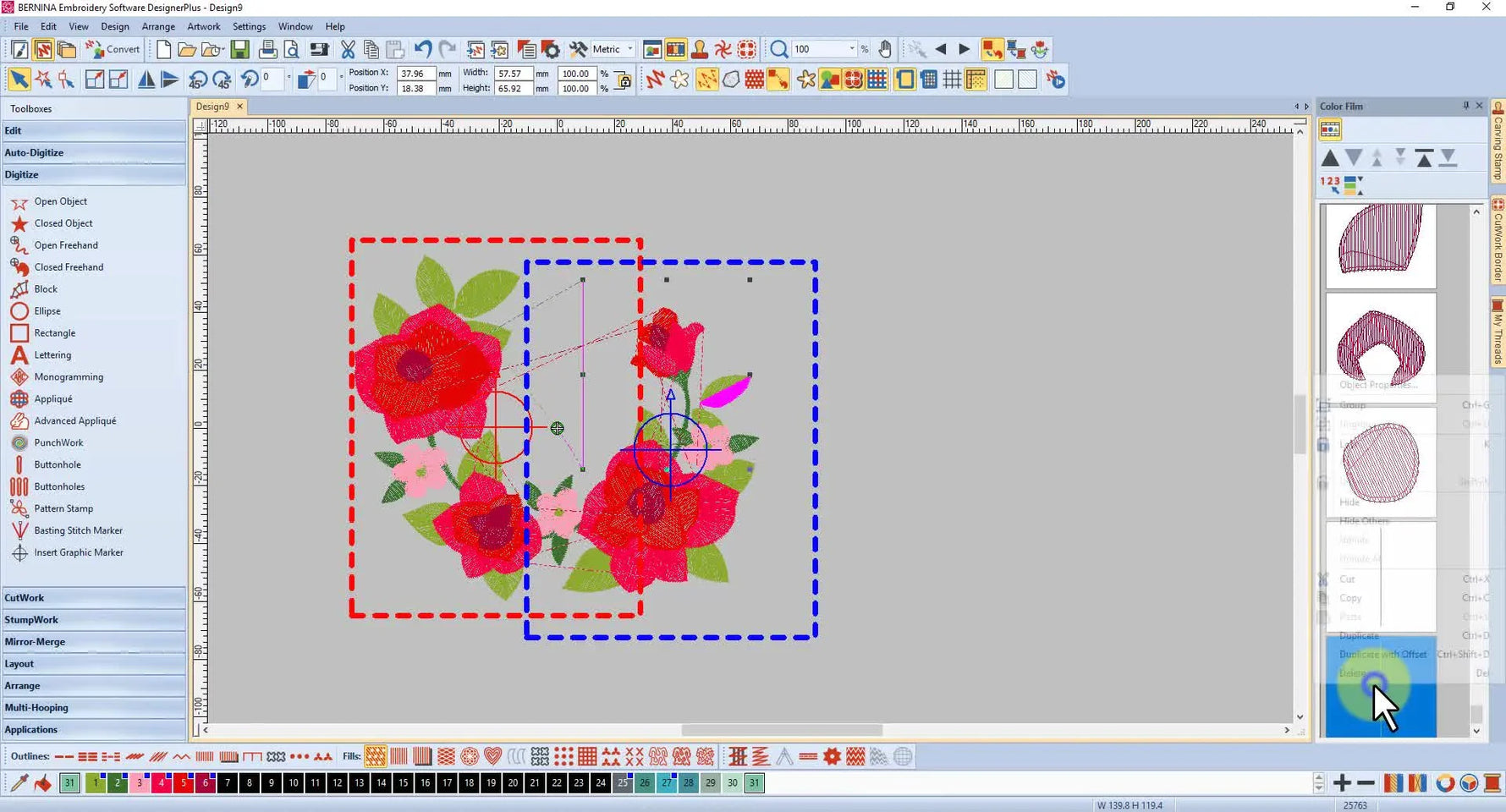 A close-up screen capture shows the right-click menu used to group a custom registration line with a design object so it exports into the correct hooping.