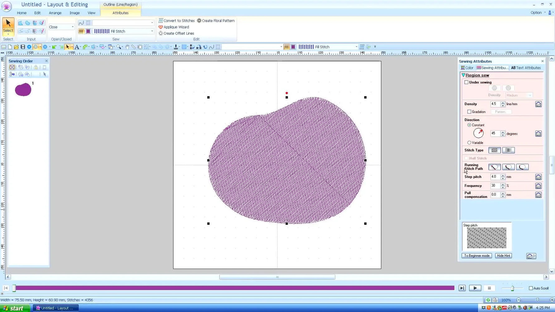 A screen capture shows a faint diagonal running-stitch travel line cutting through a purple fill shape—exactly the problem this lesson fixes.