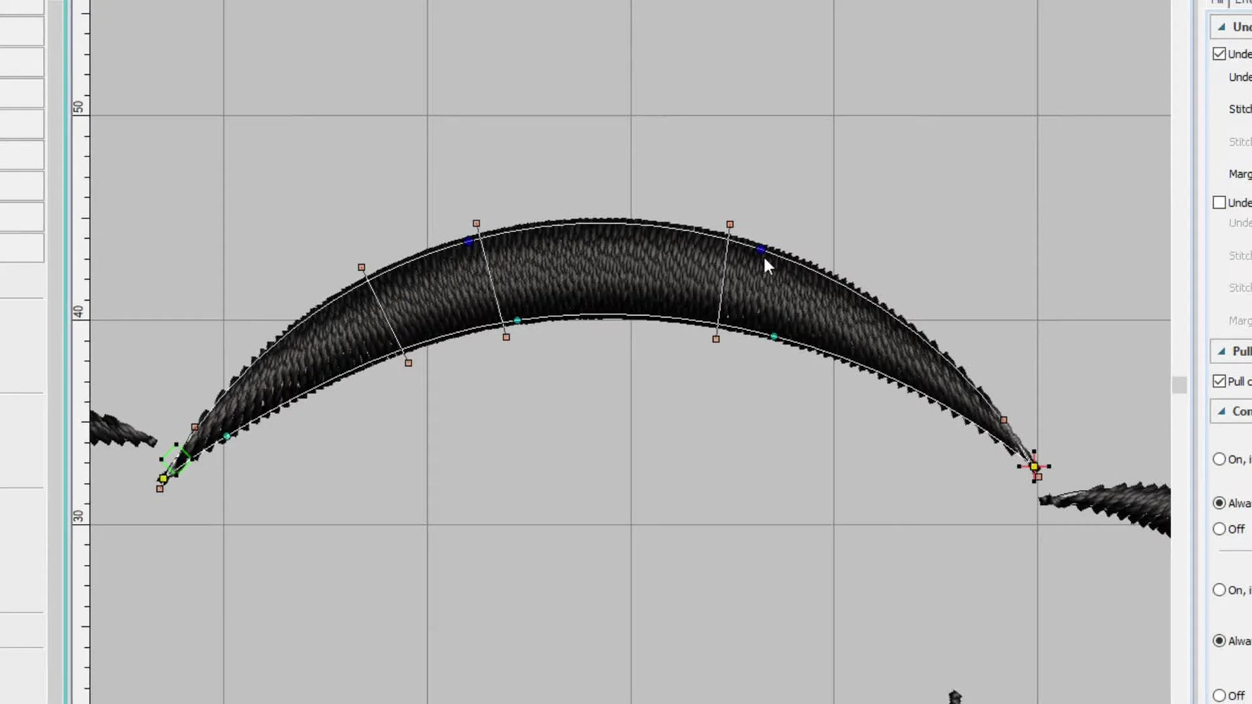 A close-up screen capture shows multiple nodes selected and moved together while reshaping the chef hat in Hatch Embroidery 2.