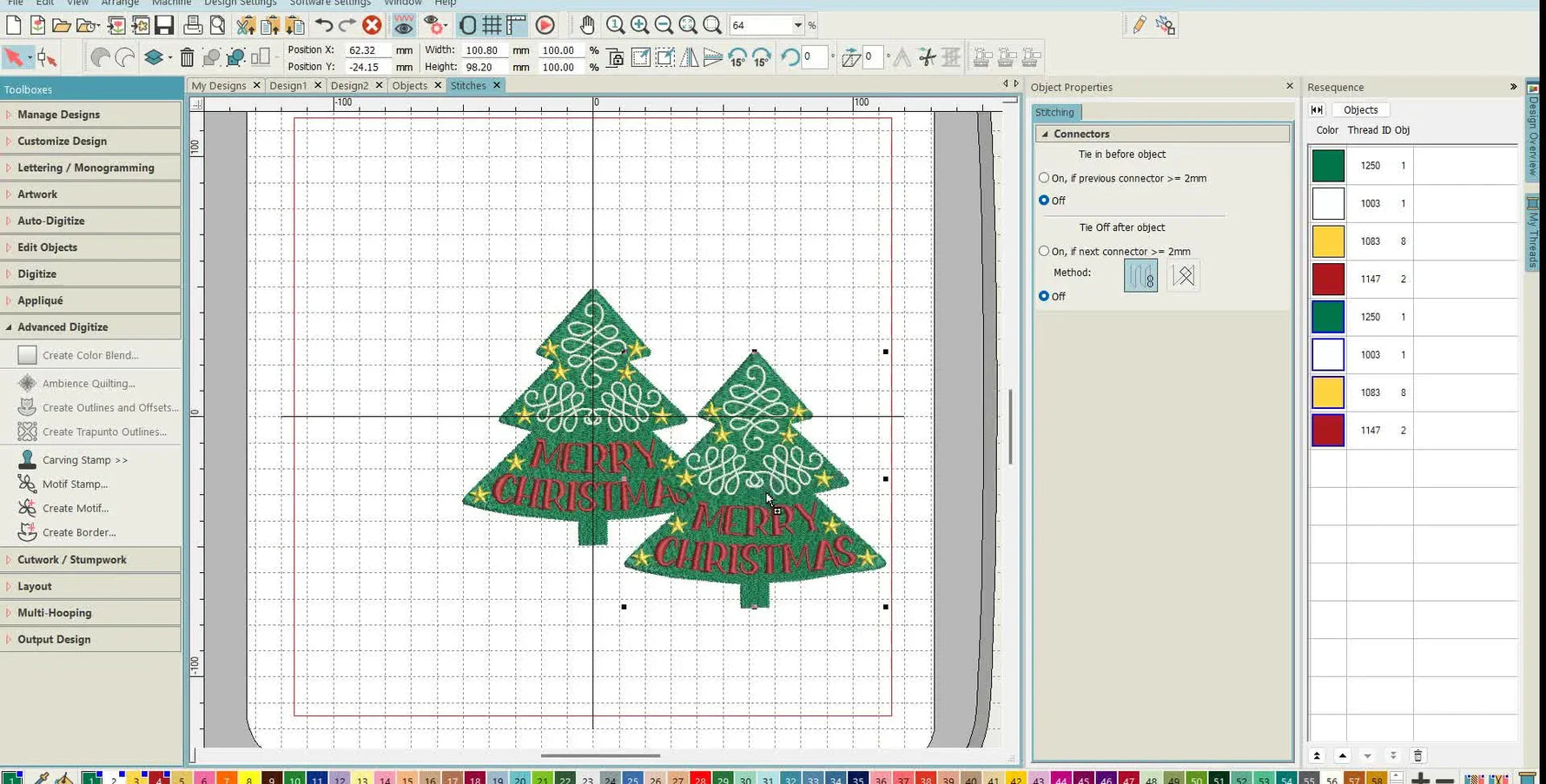 Three cloned Christmas tree designs arranged inside the hoop area in Janome MBX Digitizer 5.0, ready for appliqué and overlap decisions.