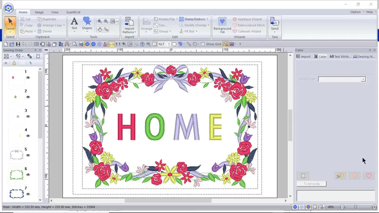 A full-screen PE Design 11 workspace showing a floral “HOME” design with the Sewing Order pane visible on the left for fast sequencing and editing.