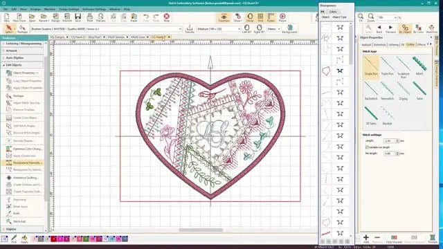 A finished Crazy Patch Heart design on the Hatch workspace, packed with motif runs, motif stamps, and a centered monogram.