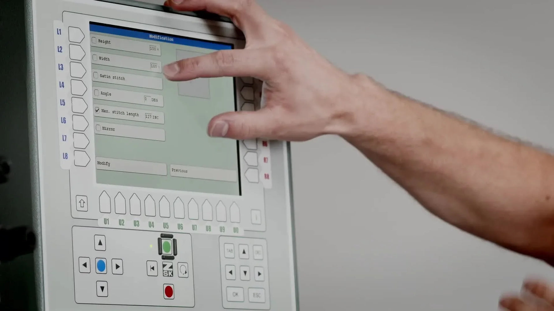 The ZSK T8 “Modify Design” screen shows the Height and Width fields used to scale a logo down proportionally.