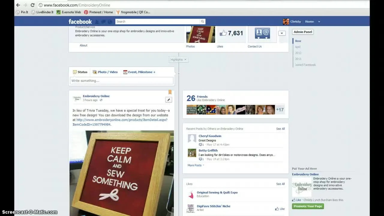 Embroidery Online Facebook page displaying a post with 'KEEP CALM AND SEW SOMETHING' design.