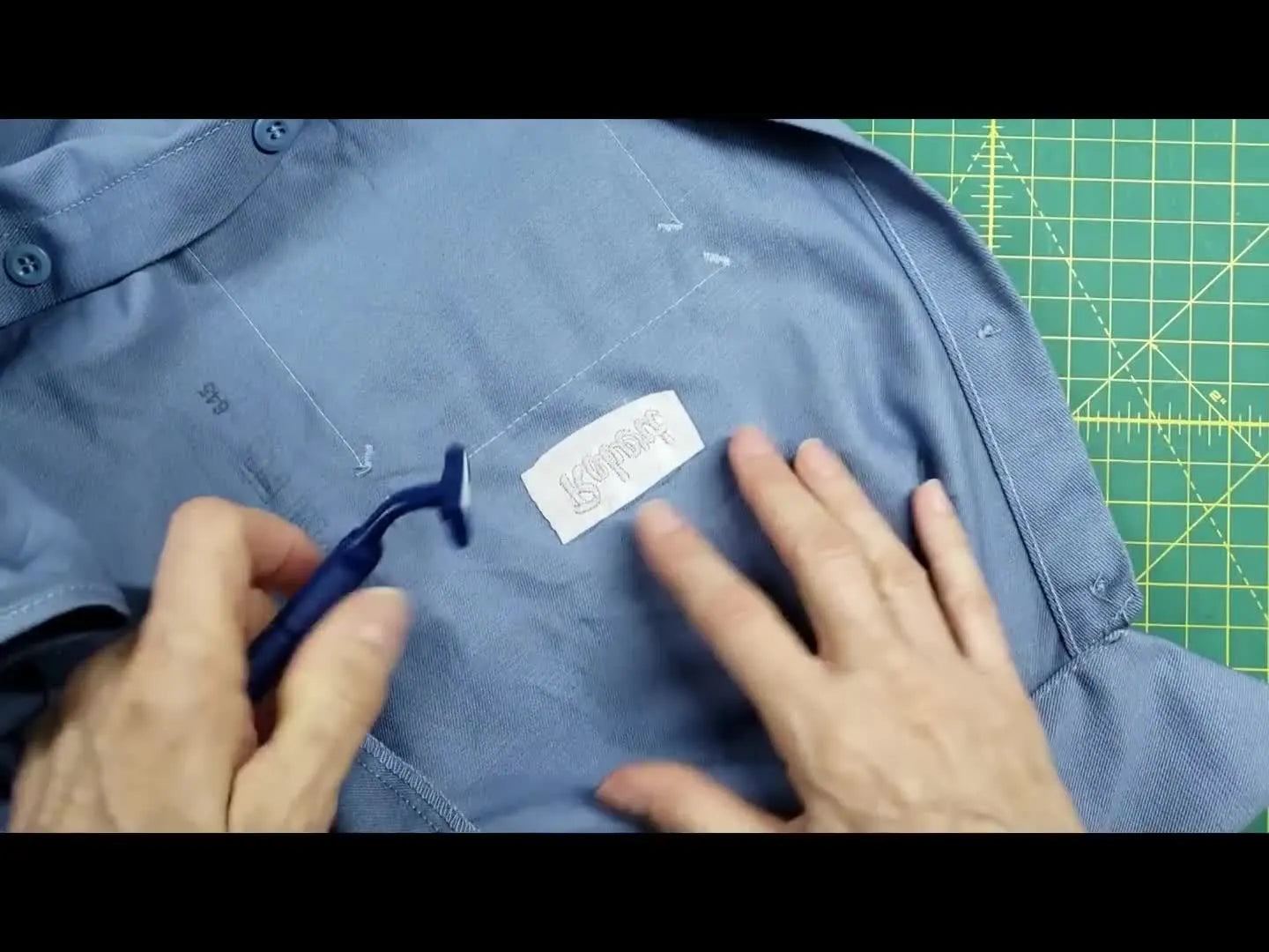 An overhead close-up shows a disposable double-blade razor shaving bobbin threads on the stabilizer side while fingers hold the fabric taut.