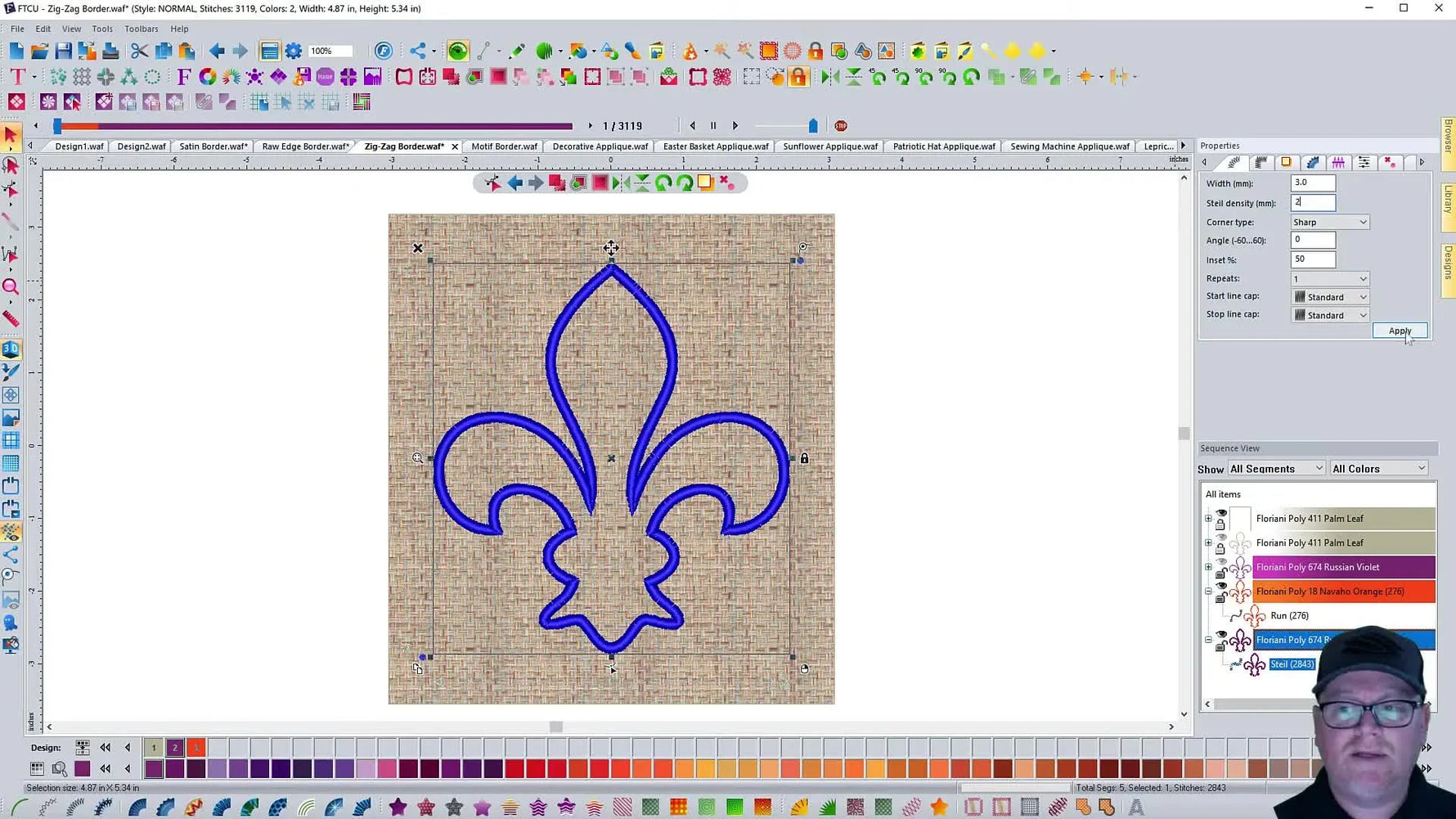 A screen capture shows the satin border opening into a clean zigzag as density is increased to 2.0 mm in Floriani properties.
