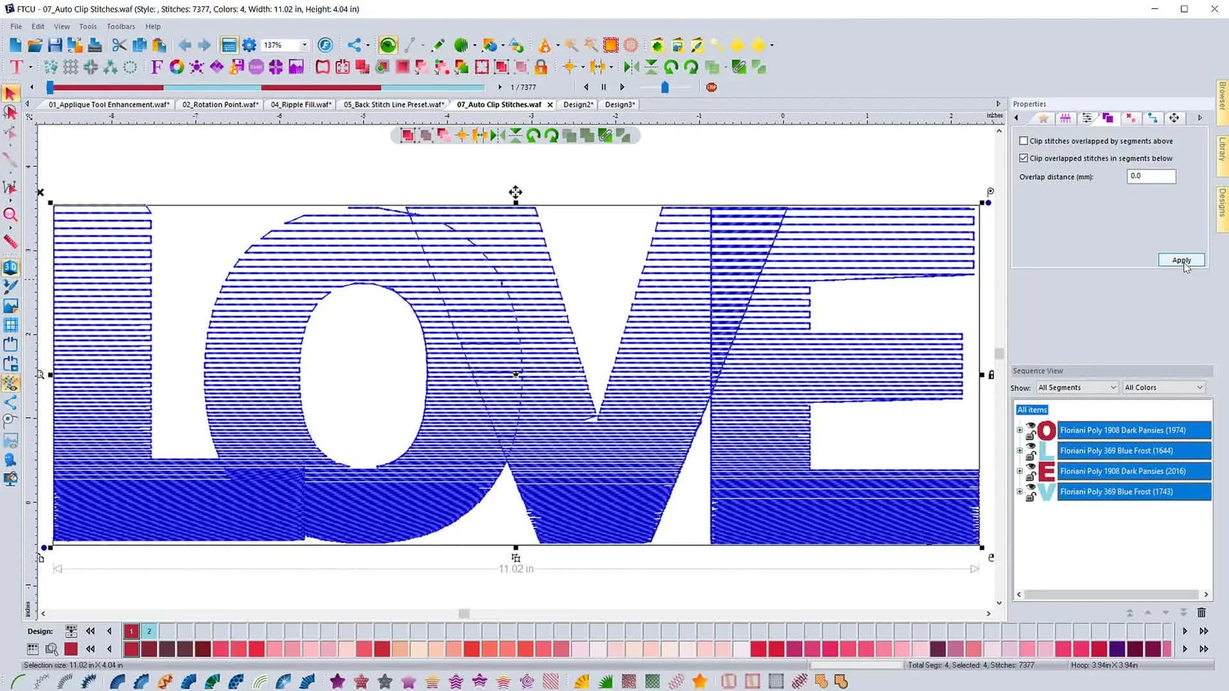 A close-up screen capture of the FTCU Properties panel as the cursor clicks Apply to run Auto Clip Stitches.
