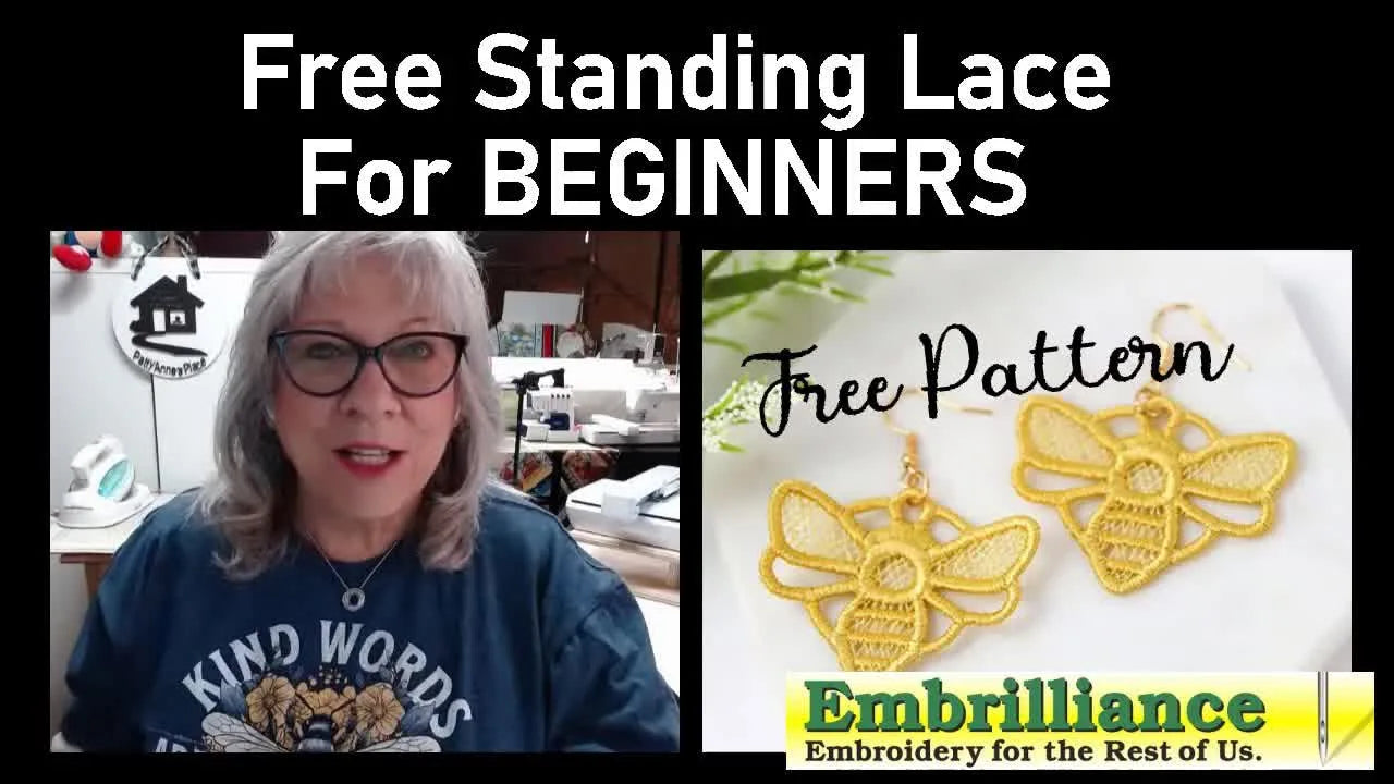 The finished yellow free-standing lace bee earrings are shown up close as the project goal.