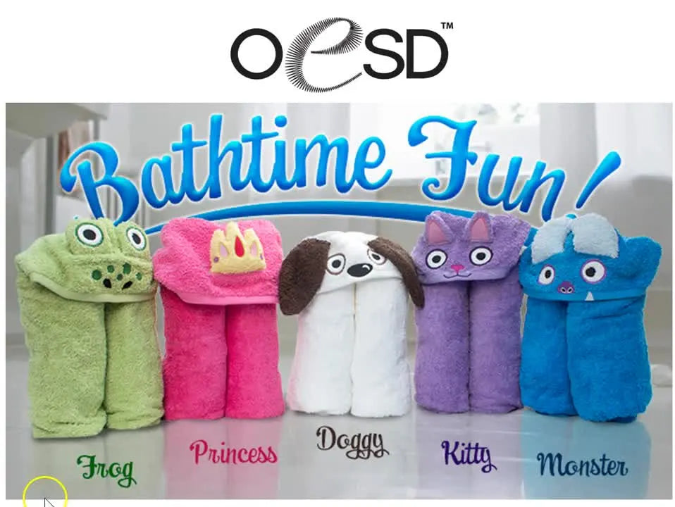 A lineup of finished hooded bath towels in multiple character styles shows the final look you’re aiming for before you start stitching.