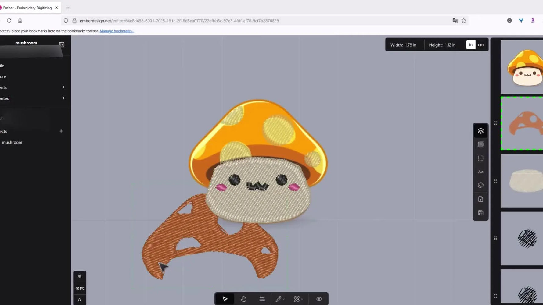 The finished mushroom character is shown in Ember with realistic stitch preview enabled, ready for a test stitch-out.
