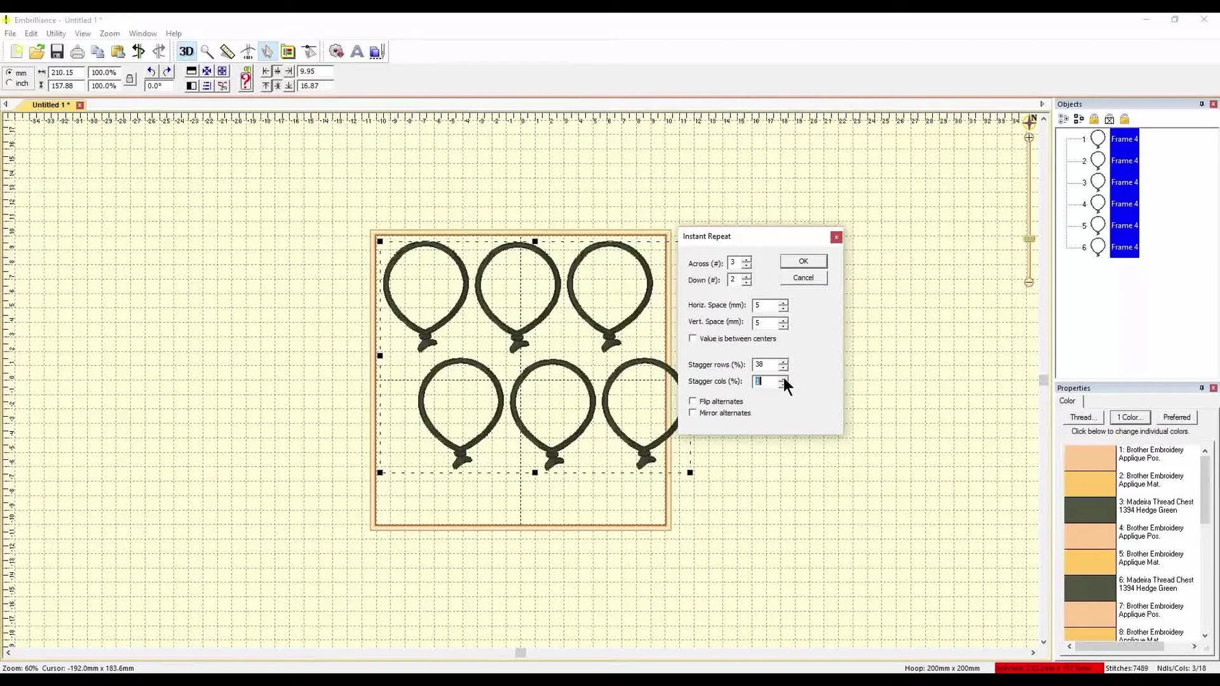 A staggered balloon pattern preview in Embrilliance created with Instant Repeat, showing how fast one motif can become a full layout.