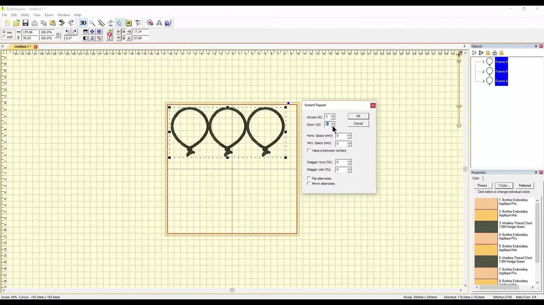 A screen capture showing three balloon motifs duplicated into a clean horizontal row using Embrilliance Instant Repeat.