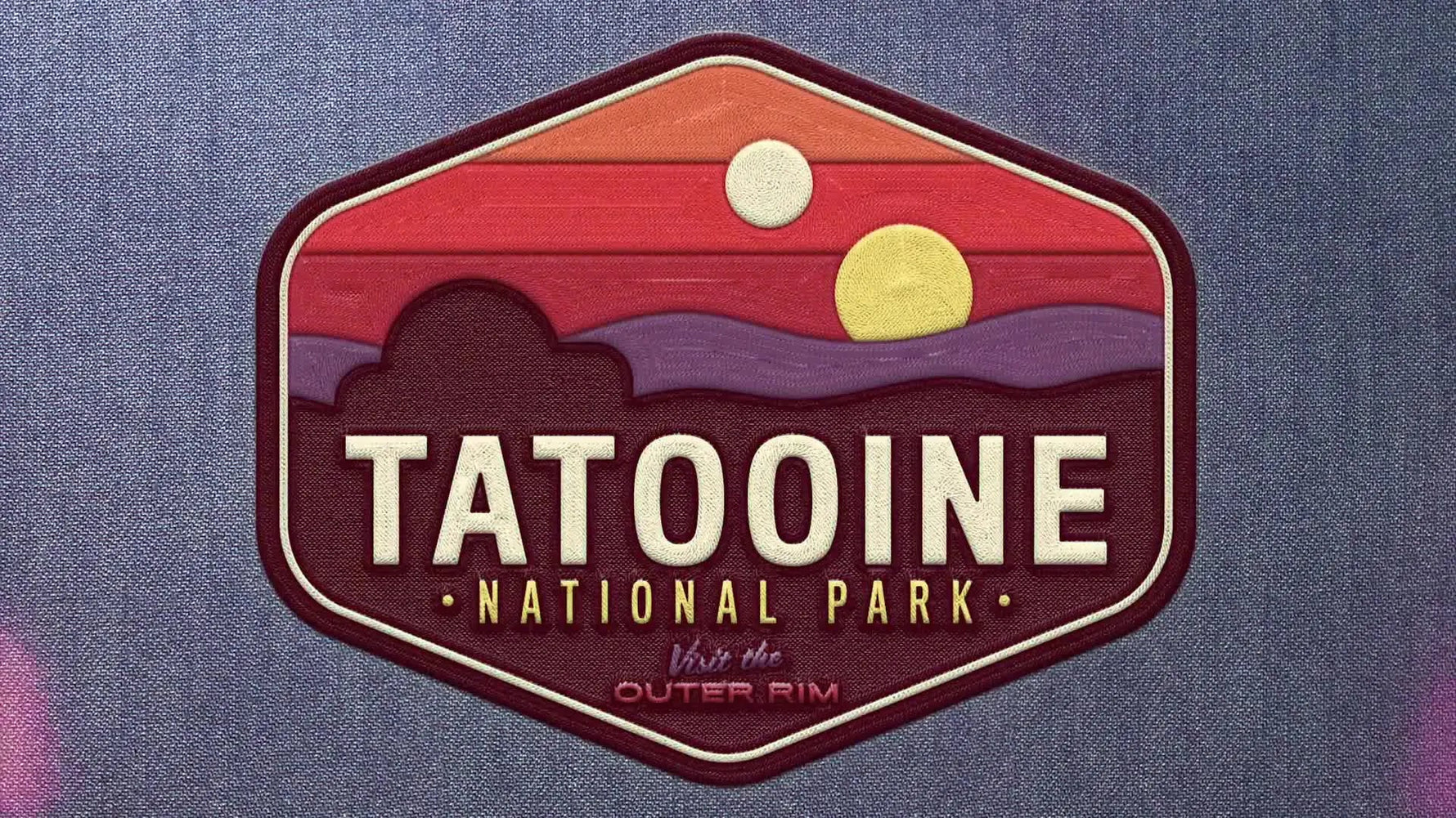 The final embroidered patch design of 'Tatooine National Park' shown on a textured blue denim background.