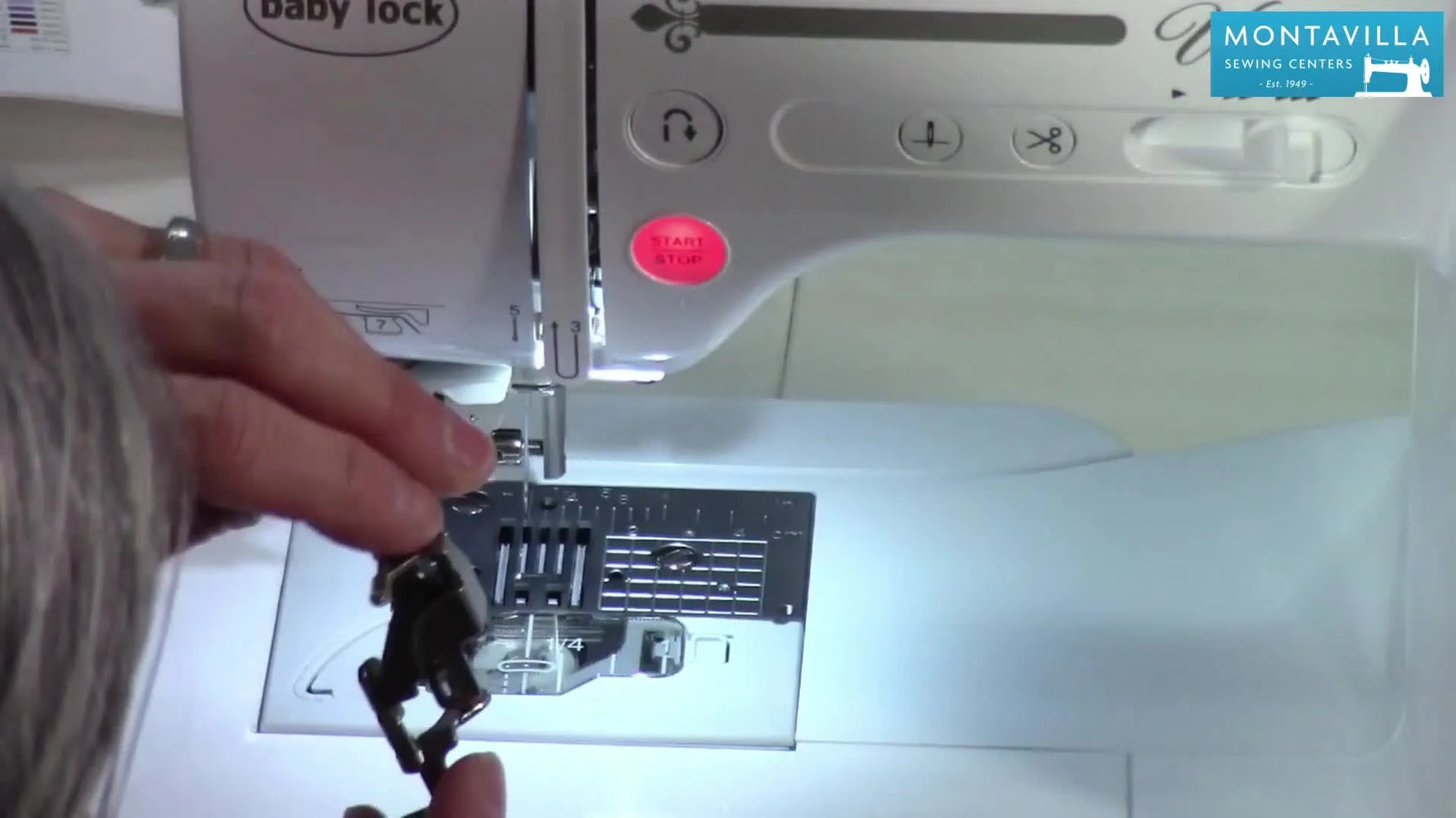 Close-up of the Baby Lock Verve embroidery foot highlighting the critical lever position over the needle clamp screw.