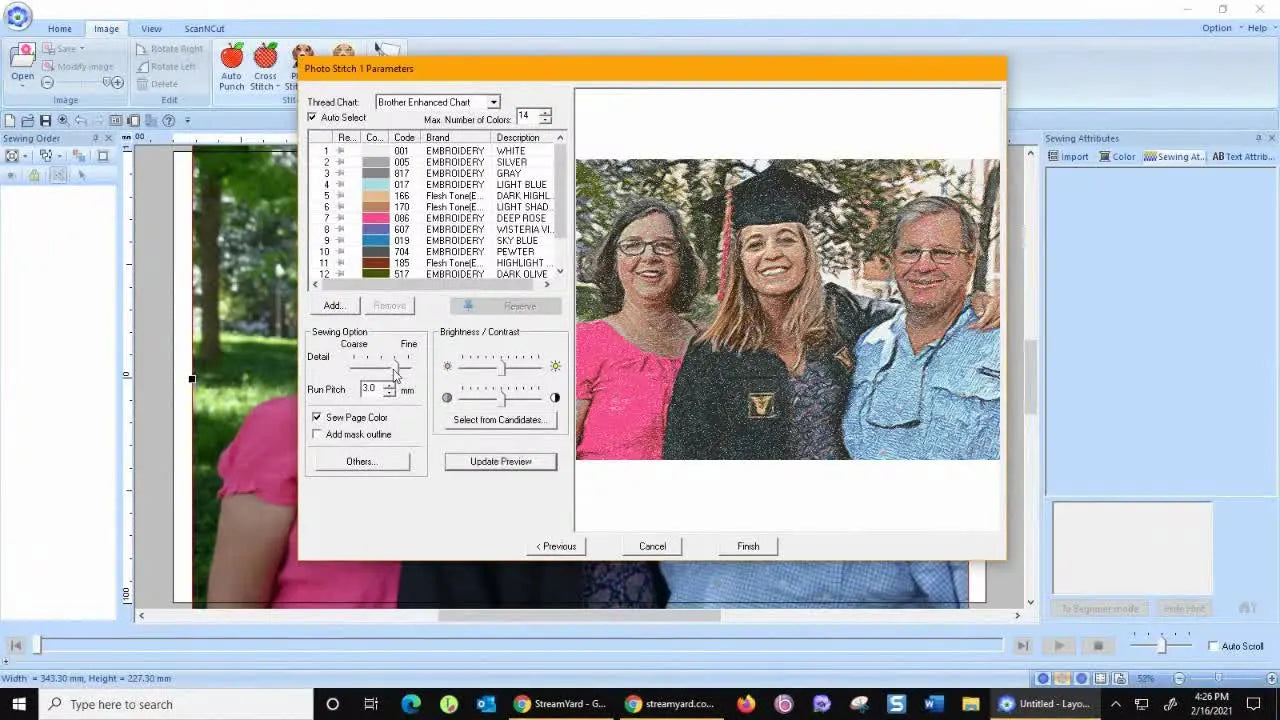 PE-Design 11 Photo Stitch Parameters showing Detail set to Fine and Run Pitch set to 2.0 for higher-resolution photo embroidery.