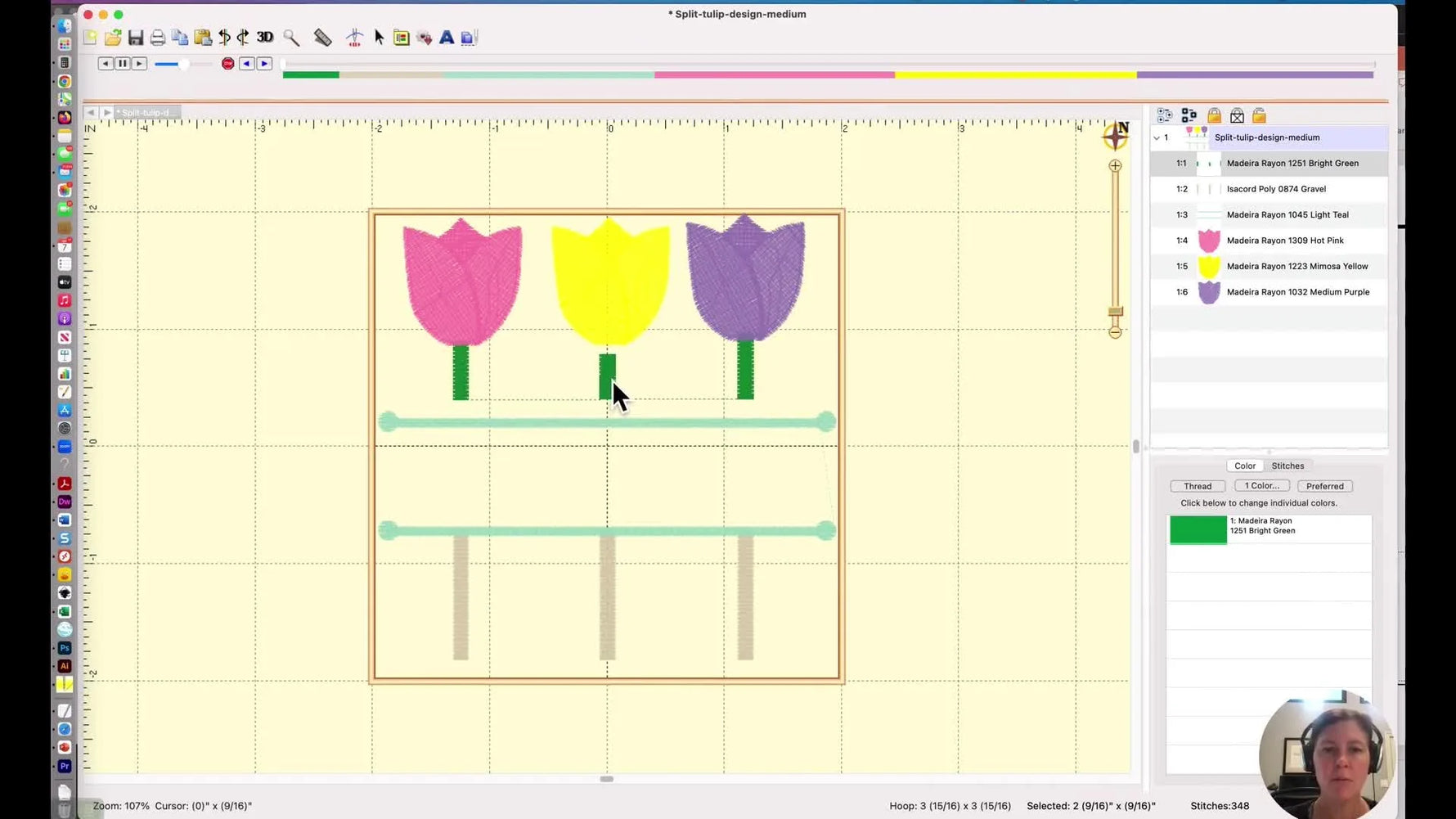 A screen capture shows the tulip design being dragged upward after splitting the stems, creating a clean gap without re-digitizing.