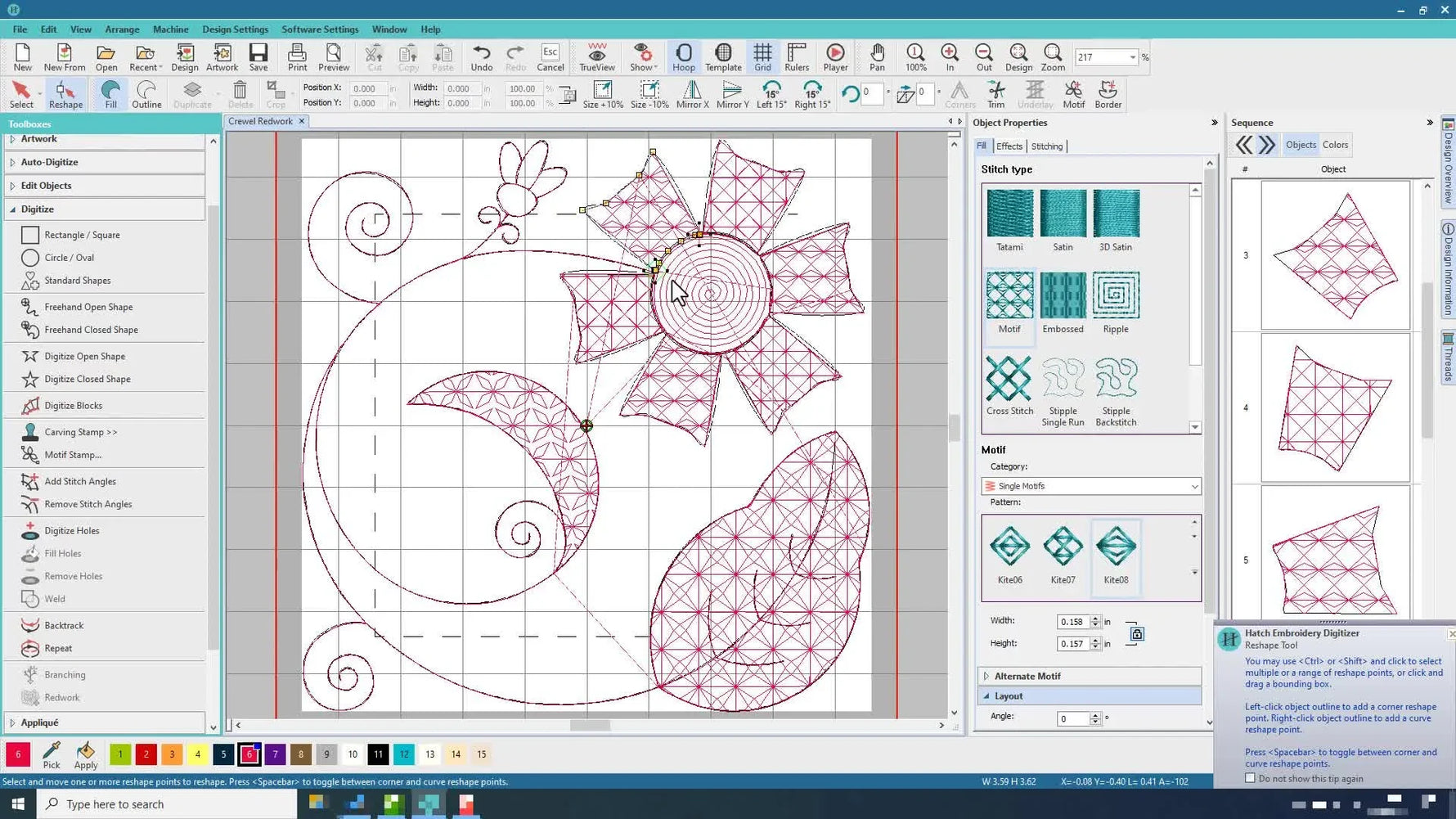 The finished Wilcom Hatch floral design shows motif-filled areas secured by redwork outlines, ready for a clean stitch-out with minimal jump stitches.