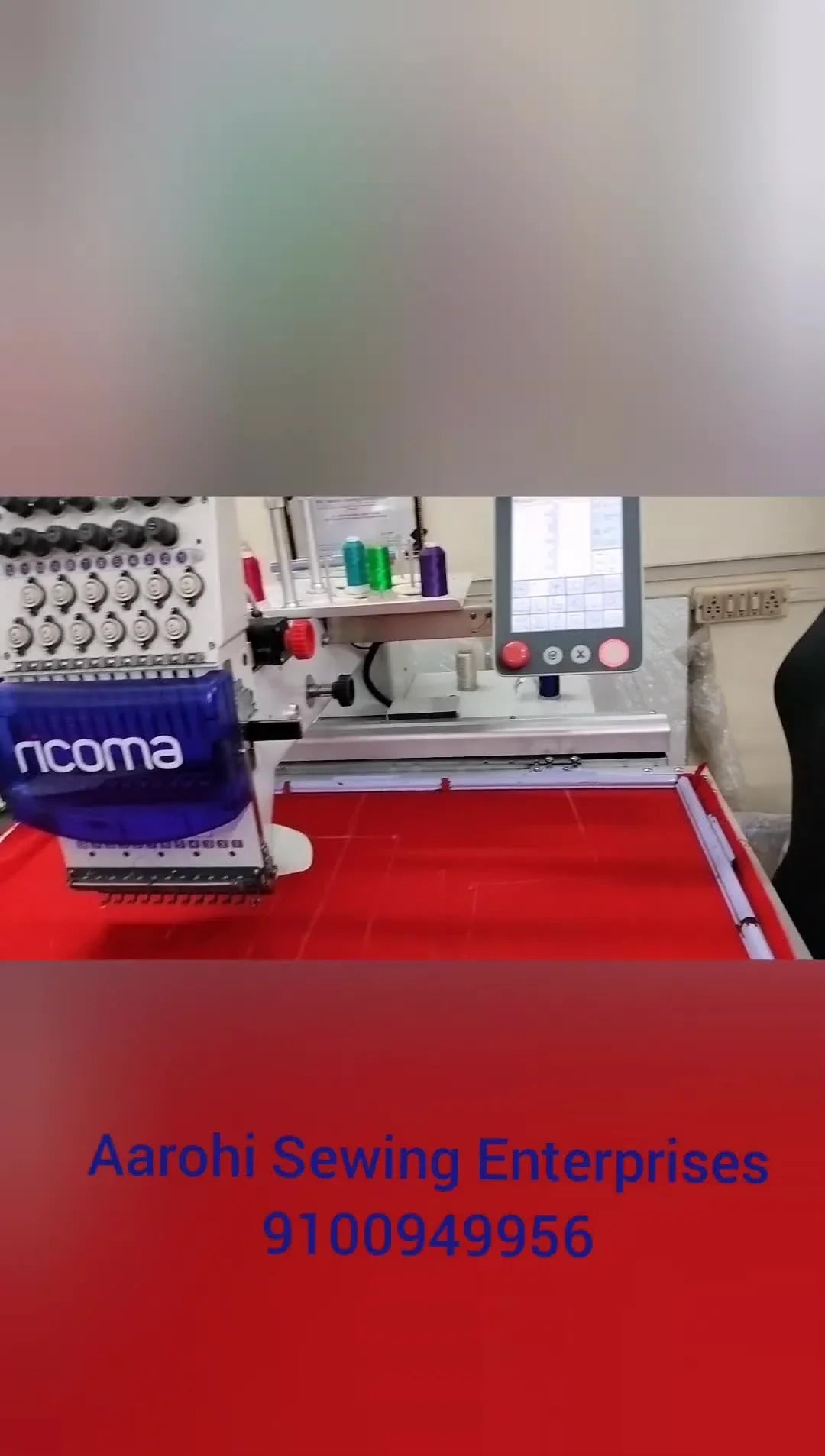 A wide shot of a Ricoma embroidery machine head over red hooped fabric, setting the stage for a real-world test of resizing versus stitch count.