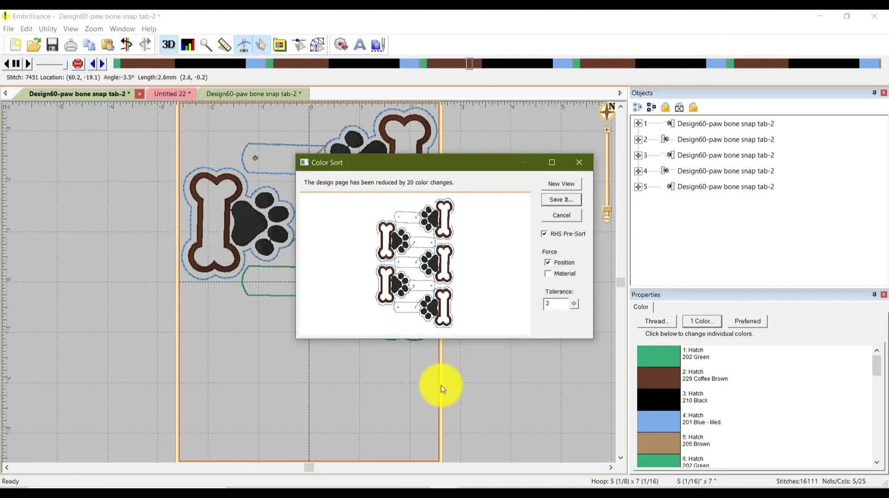 A confirmation dialog in Embrilliance Essentials shows the design page reduced by 20 color changes after running Color Sort.