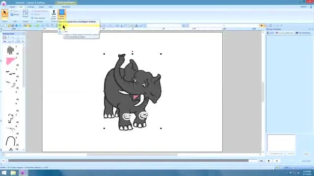 A close-up screen capture showing the embossed wrinkle effect applied to an elephant design in PE-Design Next.