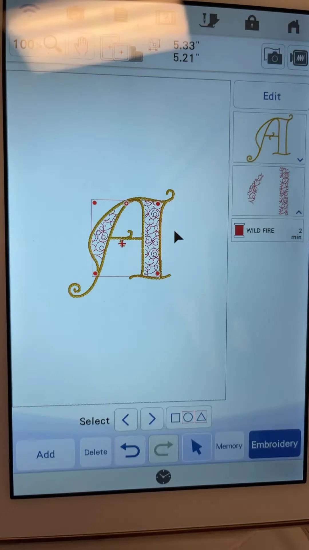 A side-by-side screen view shows the original letter “A” fill and the upgraded custom stipple fill created using No‑Sew and IQ Designer.