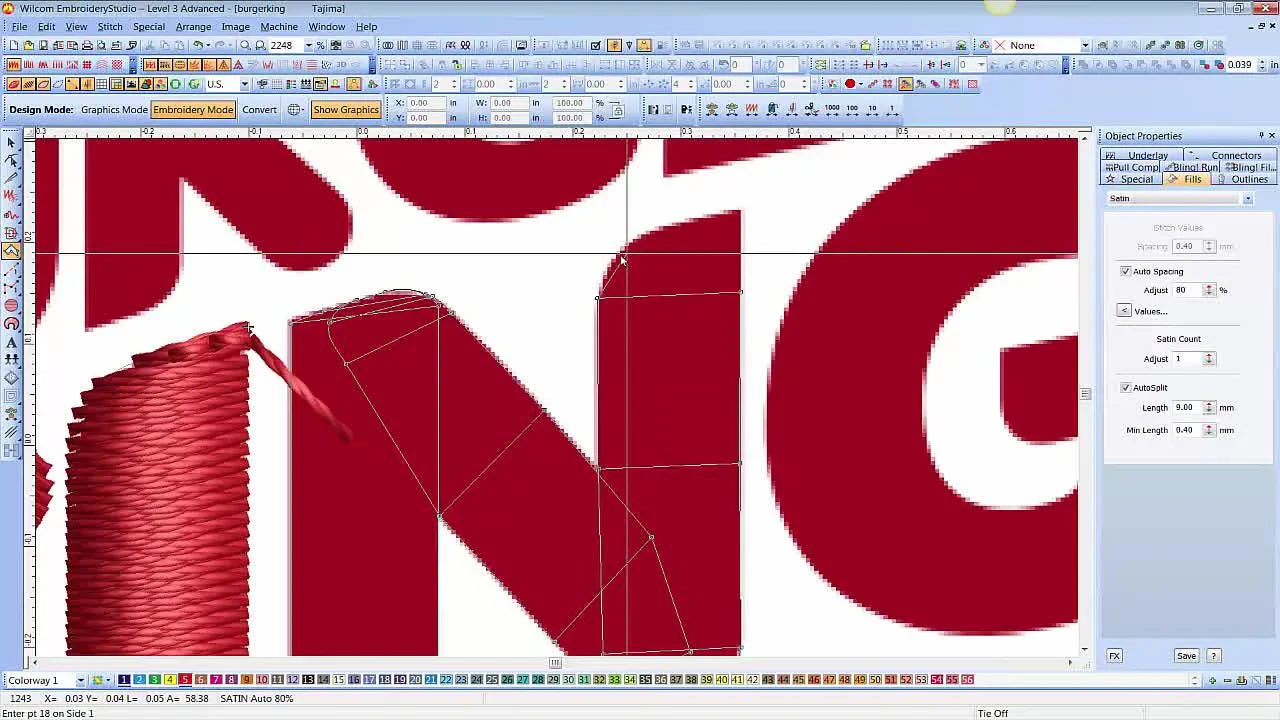 A split-screen Wilcom comparison shows the manually digitized Burger King logo beside the auto-digitized version, making stitch-angle and edge-quality differences easy to spot.