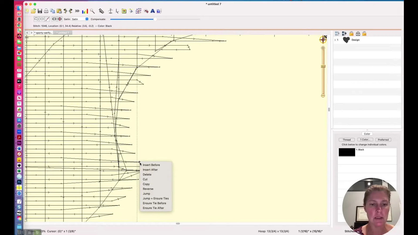 A close-up screen capture of Embrilliance Enthusiast with the Stitch Edit context menu open and “Insert Before” highlighted next to a selected stitch node.