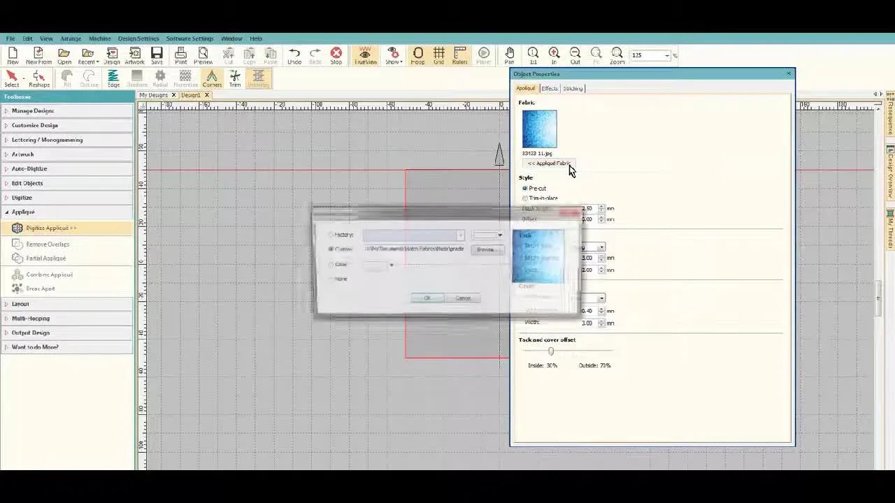 The Wilcom Hatch “Applique Fabric” dialog box with the Browse button ready to load a custom fabric swatch.