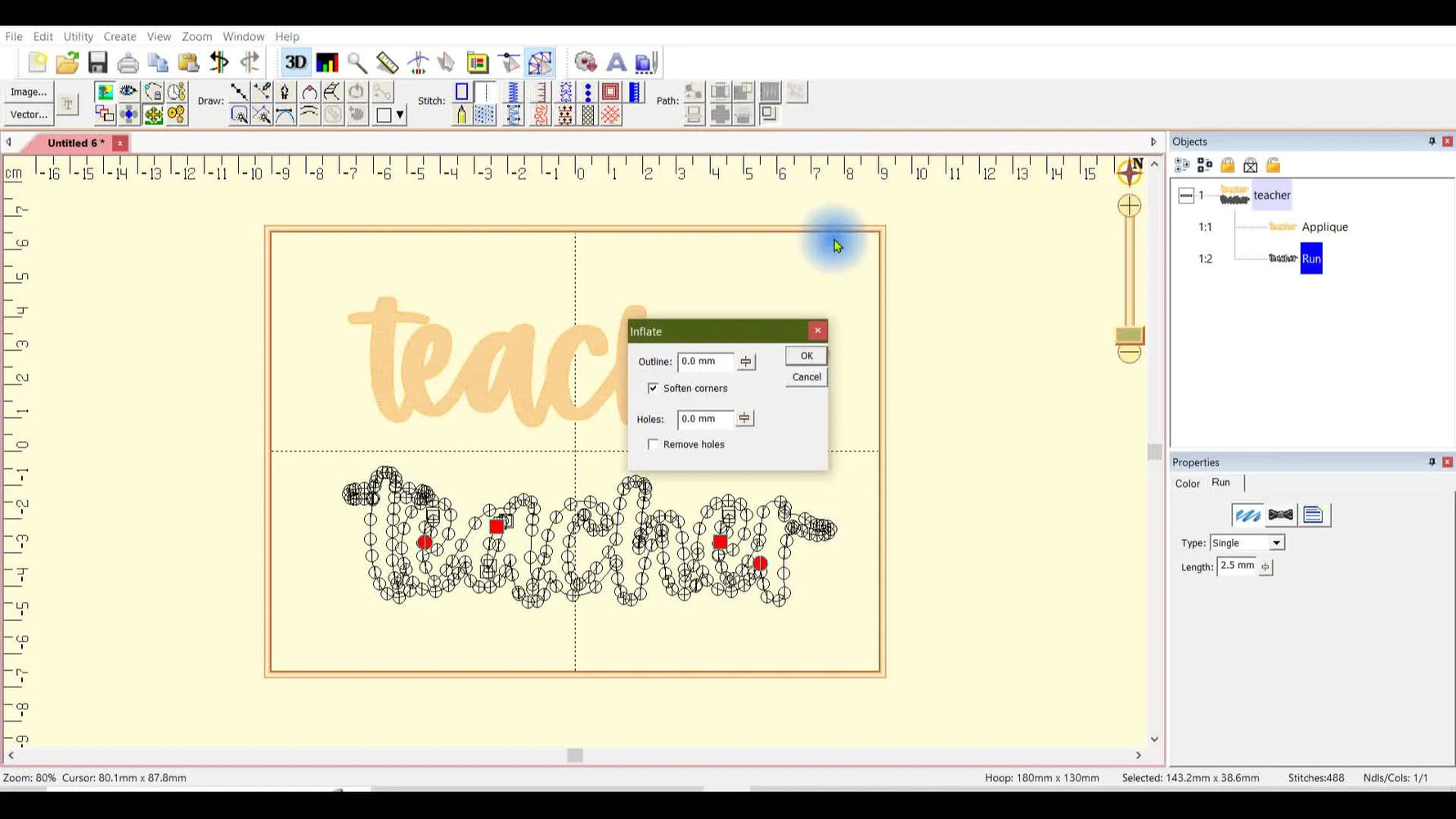 Close-up of the Embrilliance Inflate Objects dialog showing a 6.0 mm outline offset used to create the bubble-style background appliqué layer.