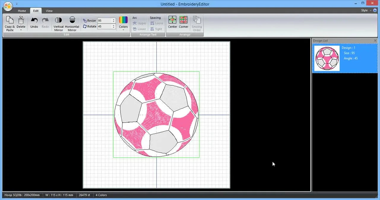 A screen capture shows a pink-and-white soccer ball design centered inside the SQ20b hoop grid after a successful color change.