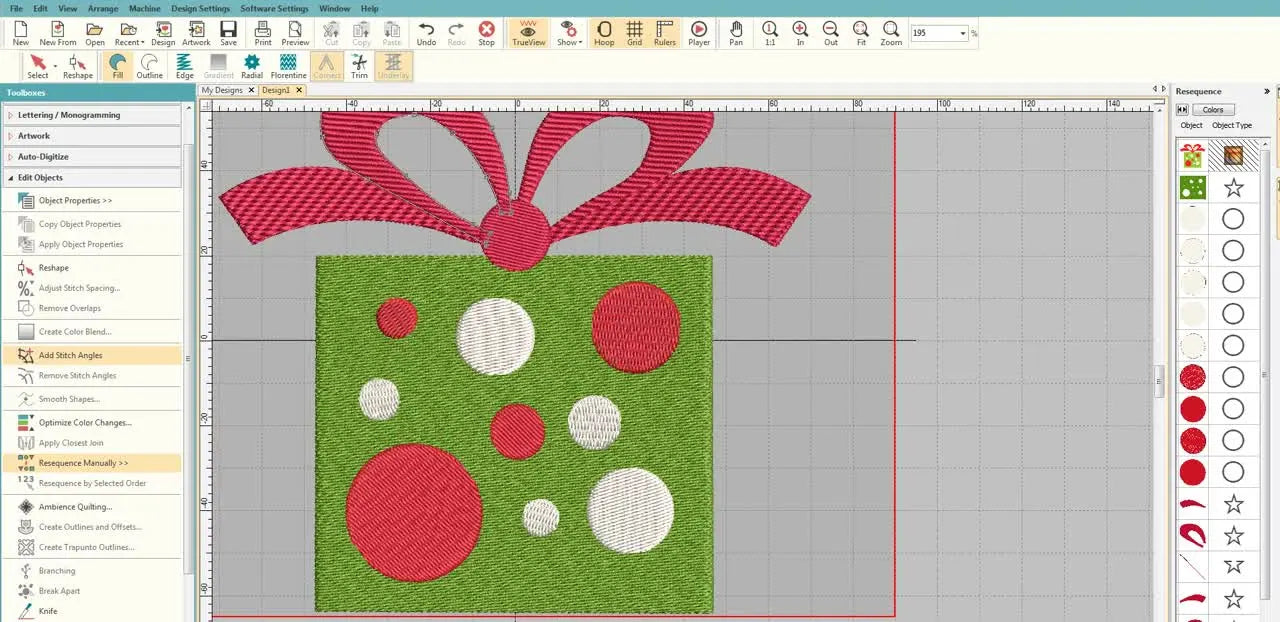A full-screen view of the digitized bow with curved stitch angles applied for a more dimensional ribbon look.