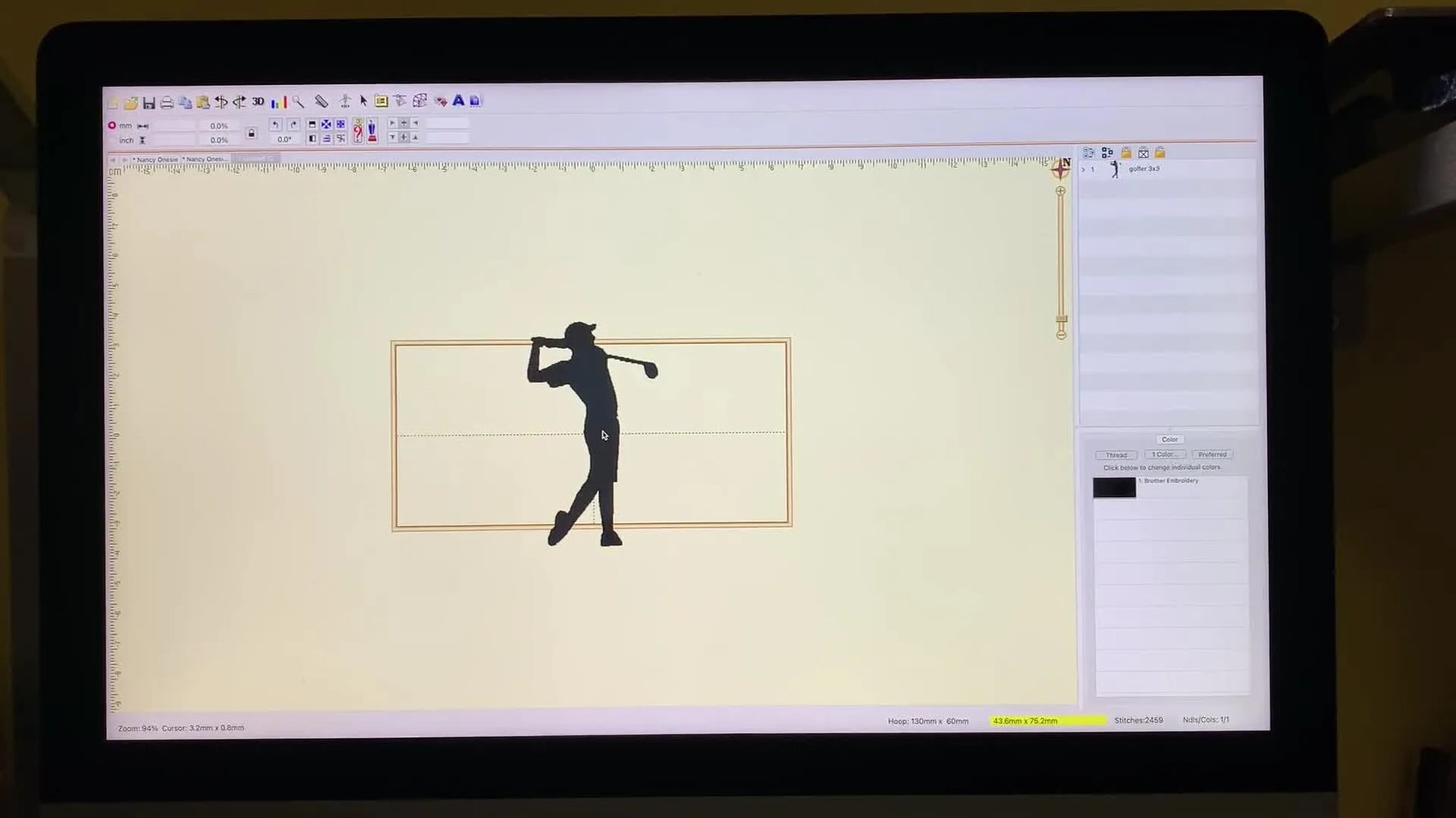 A screen capture shows a hat design overlapping the yellow 5×2 hat-hoop boundary in Embrilliance before resizing.