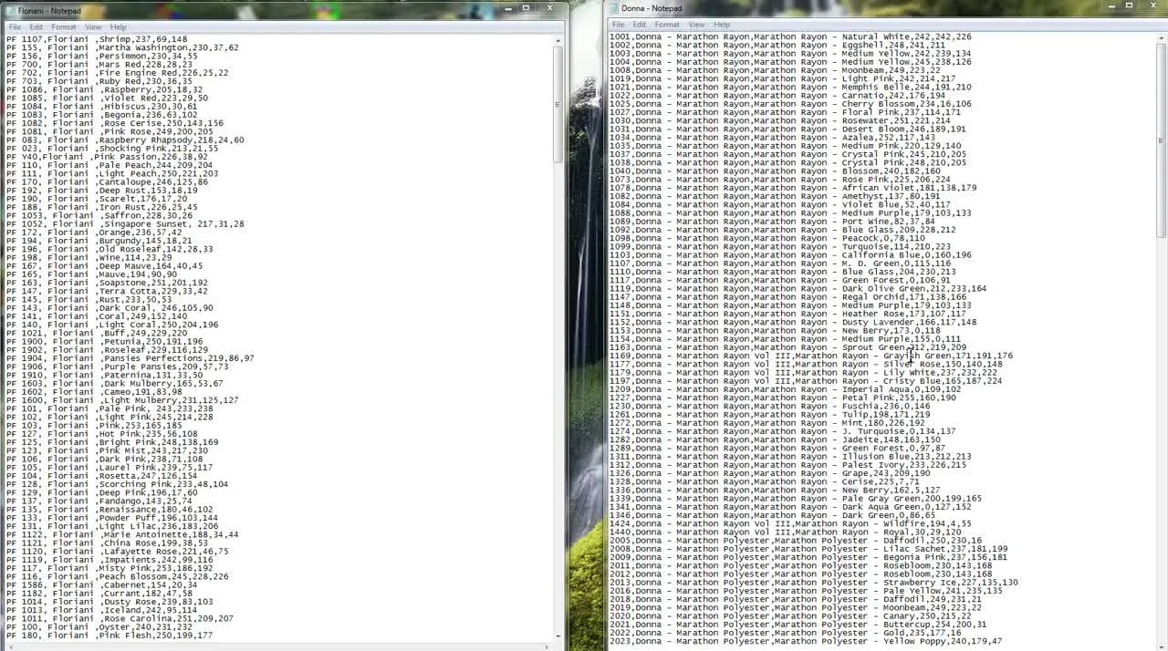 Split screen showing two Notepad windows with thread color charts, one default Floriani and one custom Marathon.
