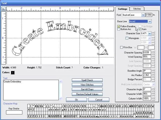 A FortePD screen capture showing arced lettering, where baseline shape choices directly affect how the final embroidery will read on the product.