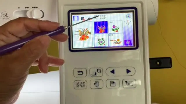 The Brother SE1900 screen shows a flower design inside the red boundary box with the design dimensions visible for a quick fit check.