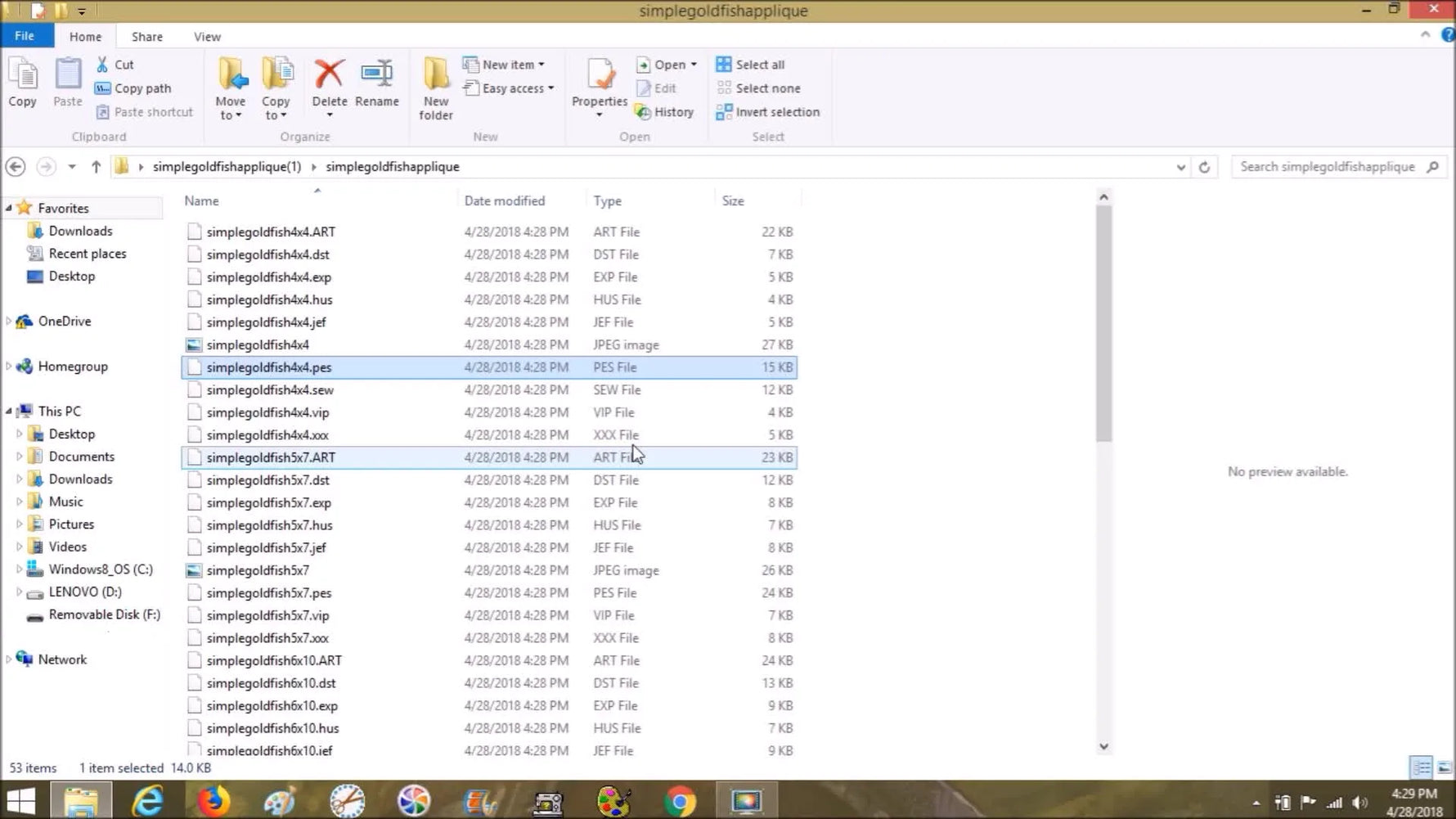 A Windows File Explorer view shows multiple embroidery formats in the extracted folder, with the .PES file ready to be copied to the Brother machine’s Removable Disk.