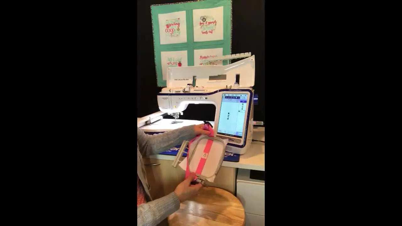 The Brother Dream Machine screen shows the Snowman recognition interface used to scan and auto-align embroidery on a crooked-hooped nylon collar.