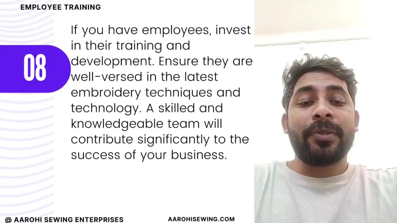 A slide titled “Employee Training” highlights the shift from doing everything yourself to building a trained embroidery team.