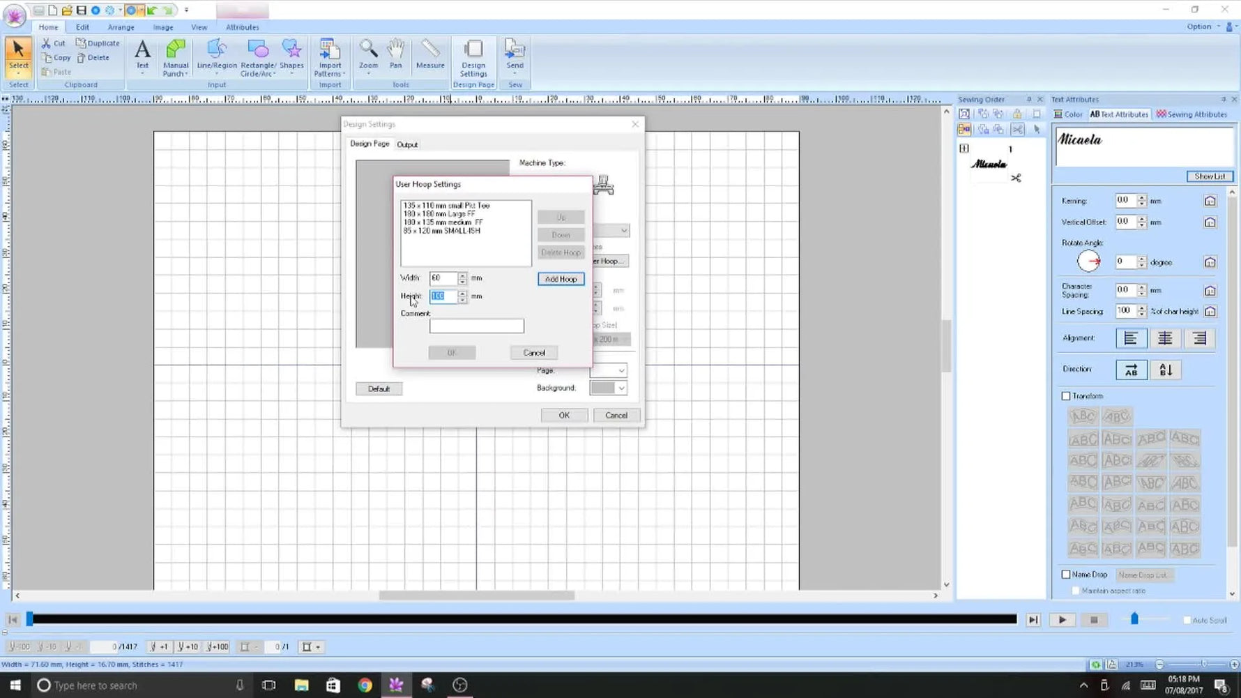 A close-up of PE-Design Next’s custom hoop fields showing Width 60mm, Height 115mm, and a label for the smallest Fast Frame.