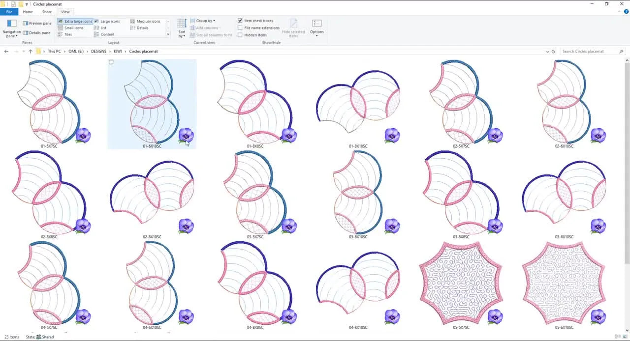 A Windows Explorer window displays embroidery design files as large visual thumbnails instead of generic icons, making it easy to pick the correct file at a glance.